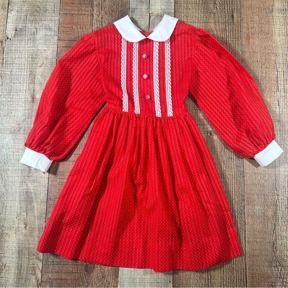 Vintage 70s Mini World Prairie Dress Red Polka Dot Lace Peter Pan Collar 5 Girls